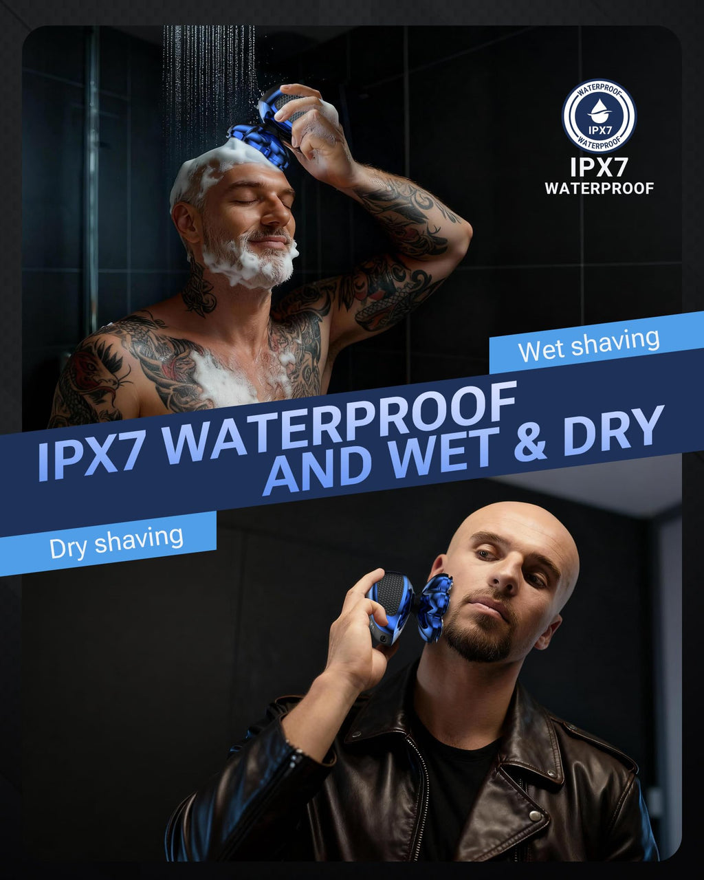 Feysfew Head Shaver for Bald Men, 7D Floating Electric Razor, Close Smooth Shave for Head, Flexible Heads, Replaceable Blade, IPX7 Waterproof Wet Dry Use, LED Display, USB Charging Blue