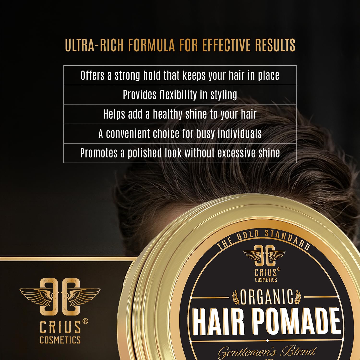 CRIUS COSMETICS Hair Pomade for Men - Certified Organic Pomade with Vegan Ingredients (Chronos And Creed), Natural Hair Balm for Strong Hold & Scalp Care (2 Fl Oz)