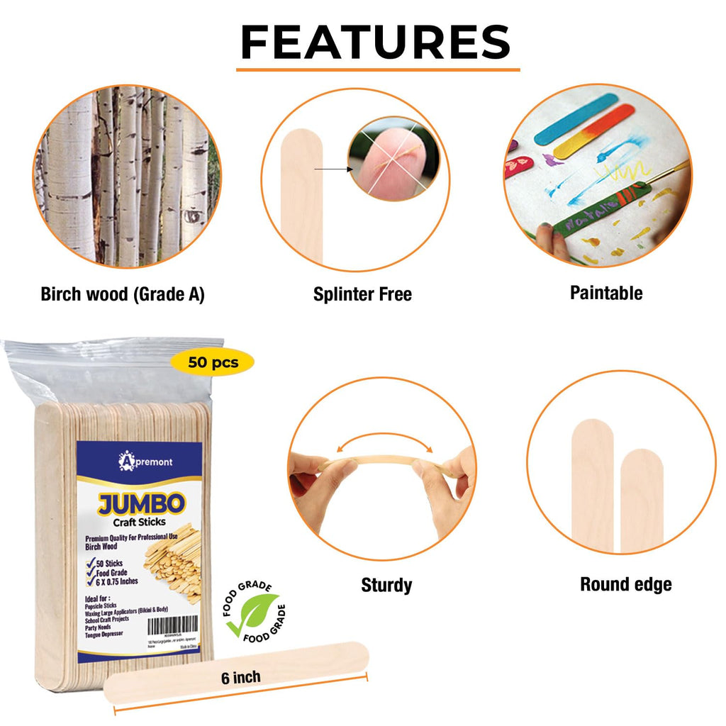 Apremont 50 Piece 6 Inch Large Jumbo Wooden Craft Sticks, Premium Natural Organic Wood, Waxing, Project, Tongue Depressor, Popsicle, Ice Cream Stick,Woodcraft, Paint Stirrer, Art and Craft