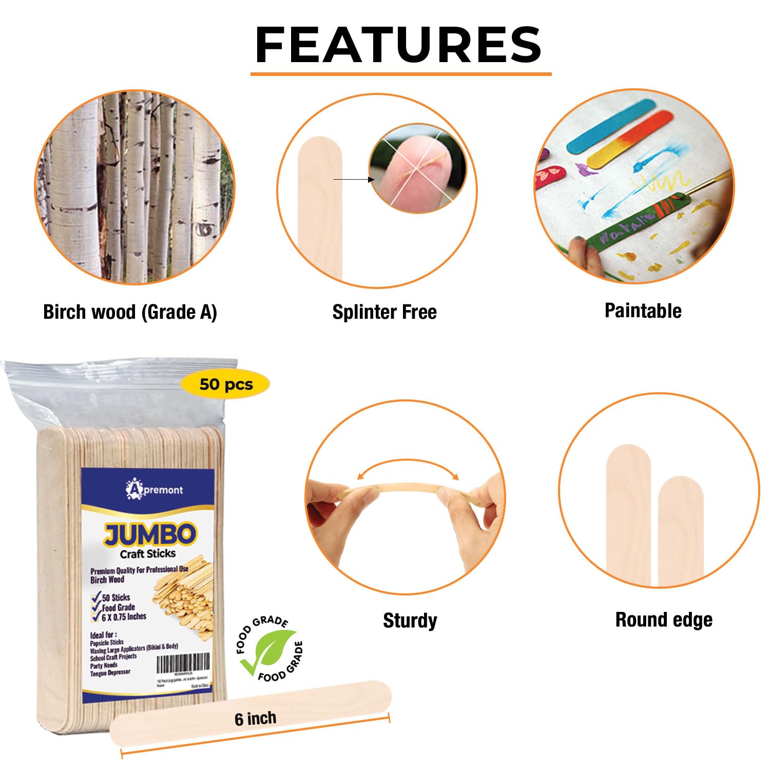 Apremont 50 Piece 6 Inch Large Jumbo Wooden Craft Sticks, Premium Natural Organic Wood, Waxing, Project, Tongue Depressor, Popsicle, Ice Cream Stick,Woodcraft, Paint Stirrer, Art and Craft