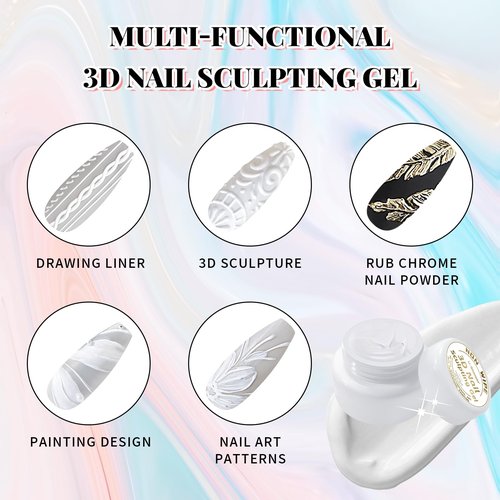 U-Shinein 2Pcs Nail Sculpting Gel,Non Wipe 3D Painting Nail Polish Gel with Nail Painting Pen for Art Carving Modeling,Rub Chrome Nail Powder,and Nail Painting UV/Led Manicure DIY, Black & White
