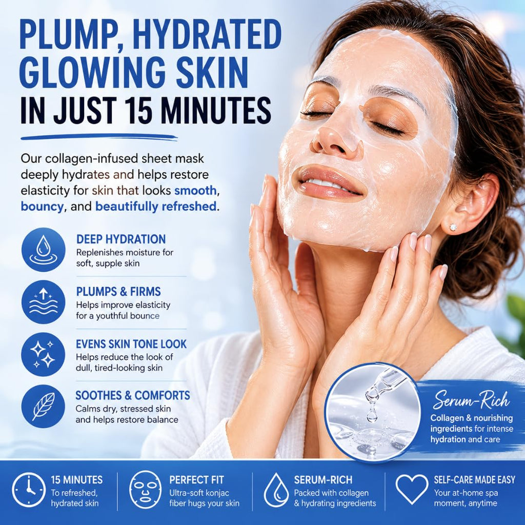 Yu-Be Facial Mask: Skin Firming Collagen | Plant-Based Konjac Sheet Mask Moisturizes, Softens, Nourishes, & Firms Mature Skin | Improves Tone & Texture | Home Spa Masks (3 sheets)