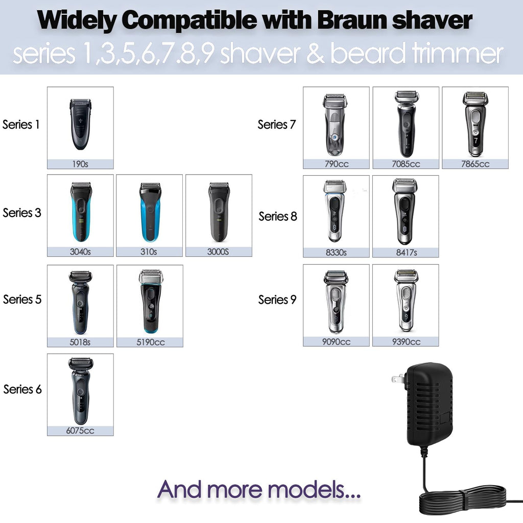 Liopif 12V Charger for Braun Series s3 s5 s6 s7 s8 s9 Shaver, Charger Cord Wall Power Adaptor Replacement Compatible with Braun Beard Trimmer Electric Razor 5544 Z20 5513 310s 3040s
