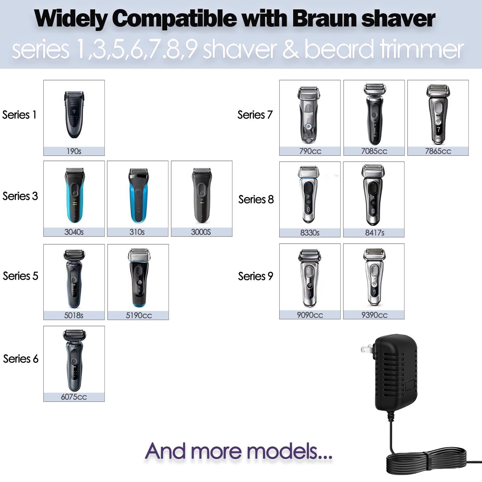 Liopif 12V Charger for Braun Series s3 s5 s6 s7 s8 s9 Shaver, Charger Cord Wall Power Adaptor Replacement Compatible with Braun Beard Trimmer Electric Razor 5544 Z20 5513 310s 3040s