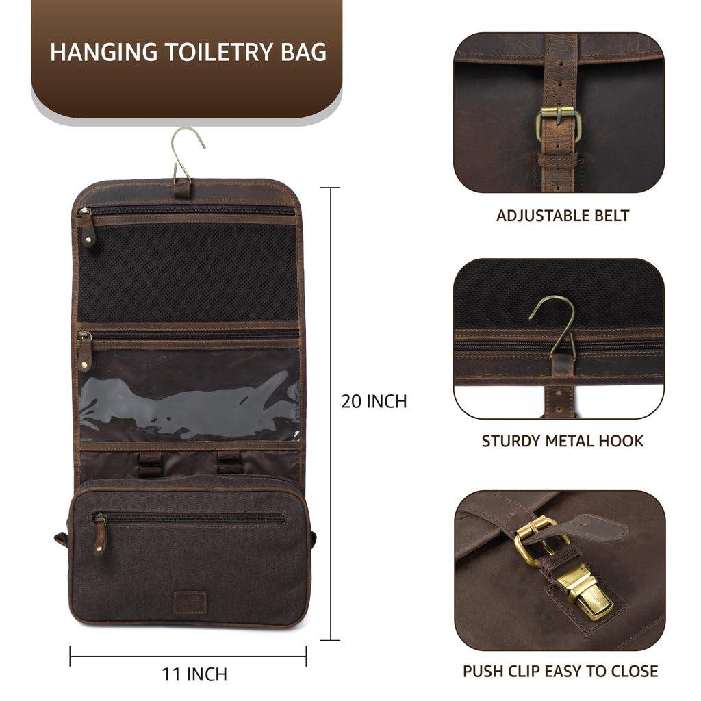 LEATHER VILLAGE Hanging Genuine Leather Toiletry Bag for Men & Women with Waterproof Lining – Handcrafted Vintage Travel Dopp Kit, Shaving Organizer & Shower Bathroom Essentials Case - Brown