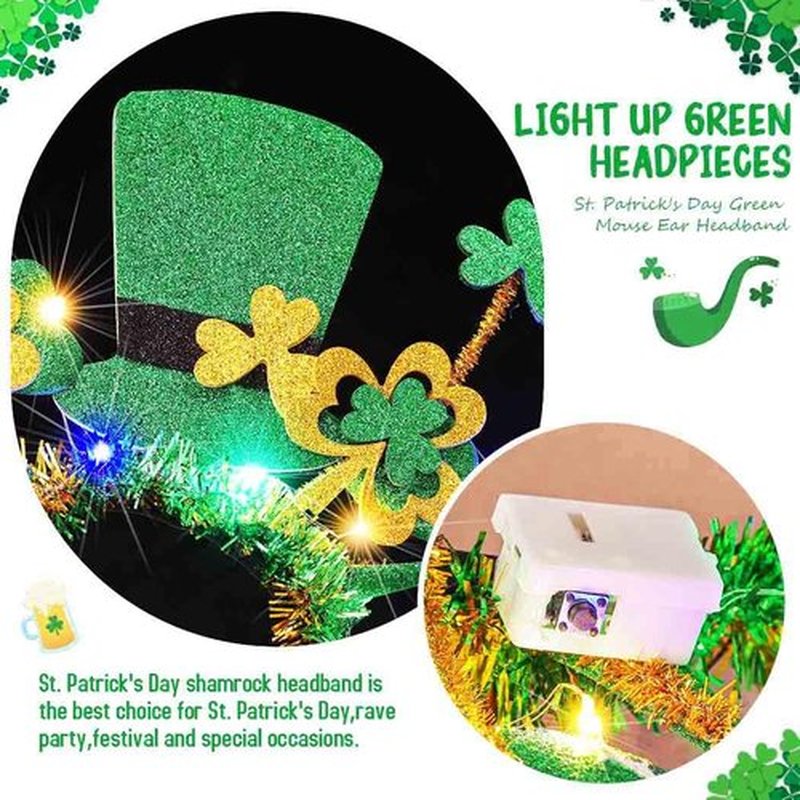 BARTOSI Light Up St Patrick's Day Headband LED Shamrock Hat Headbands Irish Green Hair Accessories for Women and Girls
