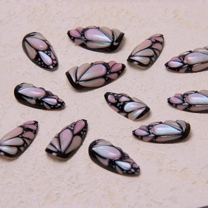 Almond Press on Nails Medium 3D Butterfly Fake Nails Soft Gel Jelly False Nails with Cat Eye Butterfly Designs Shiny Glossy Artificial Acrylic Nails Colorful Glue on Nails for Women Manicure 30Pcs