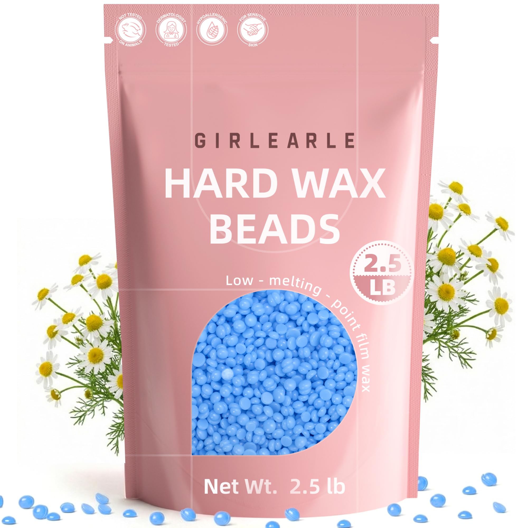GIRLEARLE 2.5lb Wax Beads for Hair Removal, Brazilian Bikini Hard Wax for Sensitive Skin, Hard Wax beads Perfect for Full Body Eyebrow, Facial, and Underarms at Home for Women and Men (Chamomile)