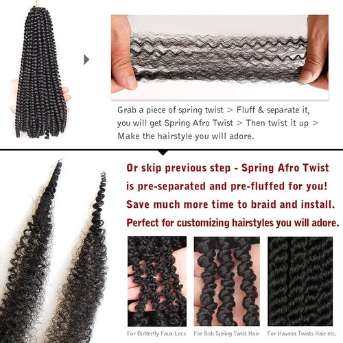 8 Packs Pre Separated Springy Afro Twist Hair 12 Inch Short Spring Twist Hair For Distressed Soft Locs Natural Black Marley Twist Crochet Braiding Hair Synthetic Hair Extension(8 Strands/Pack,1B#)