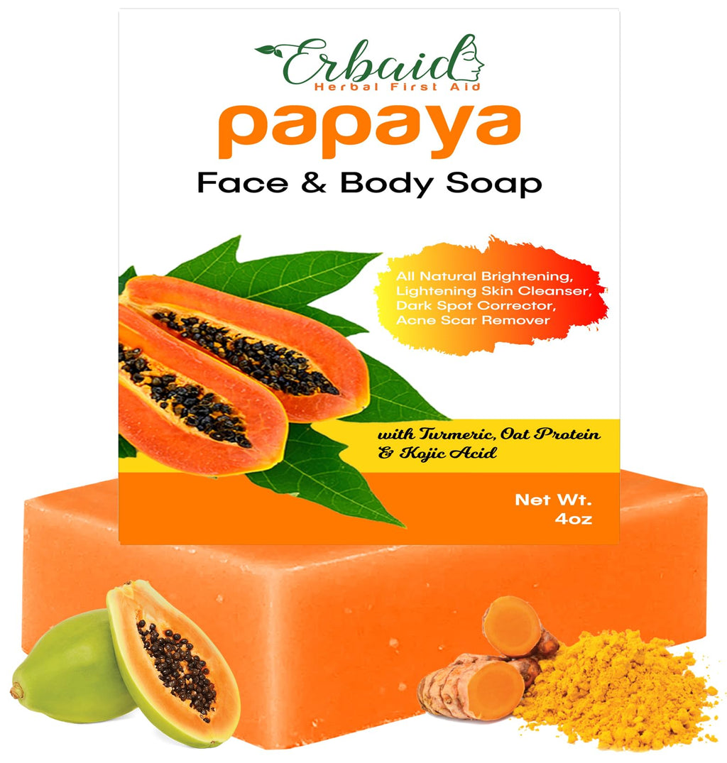 Erbaid Papaya Soap Face & Body Wash – Skin Brightening Papaya Soap Bar for Dark Spots – Reduce Acne, Cleanse Scars, & Even Tone – with Turmeric, Kojic Acid & Essential Oils – for All Types