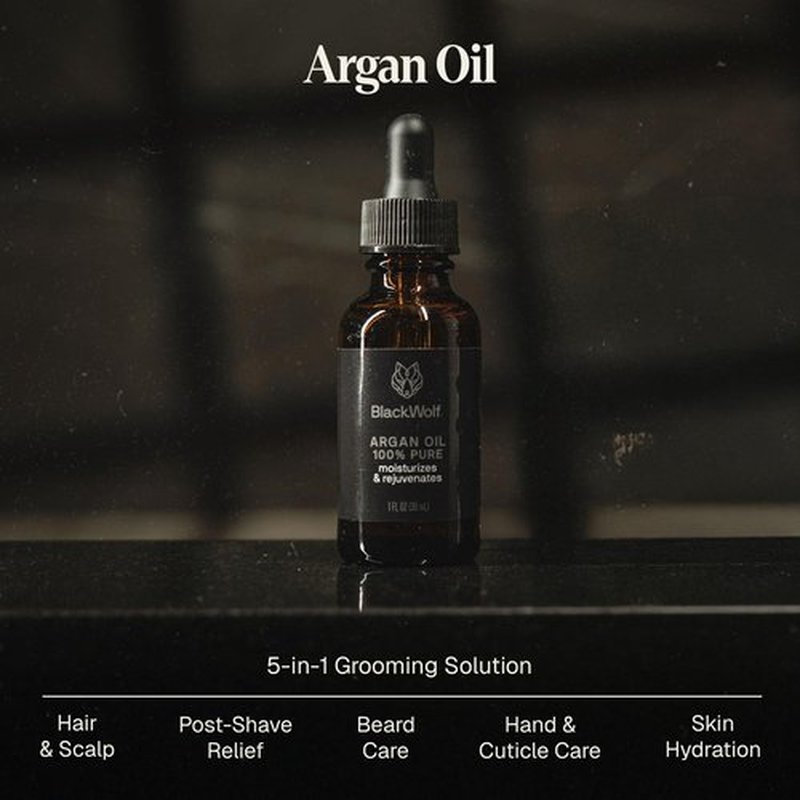 Black Wolf 100% Pure Argan Oil - Moisturizing & Rejuvenating Cold-Pressed Argan Oil for Hair, Face & Skin - Hydrating, Non-Greasy & Lightweight - Suitable for All Hair Types - 1 Fl Oz