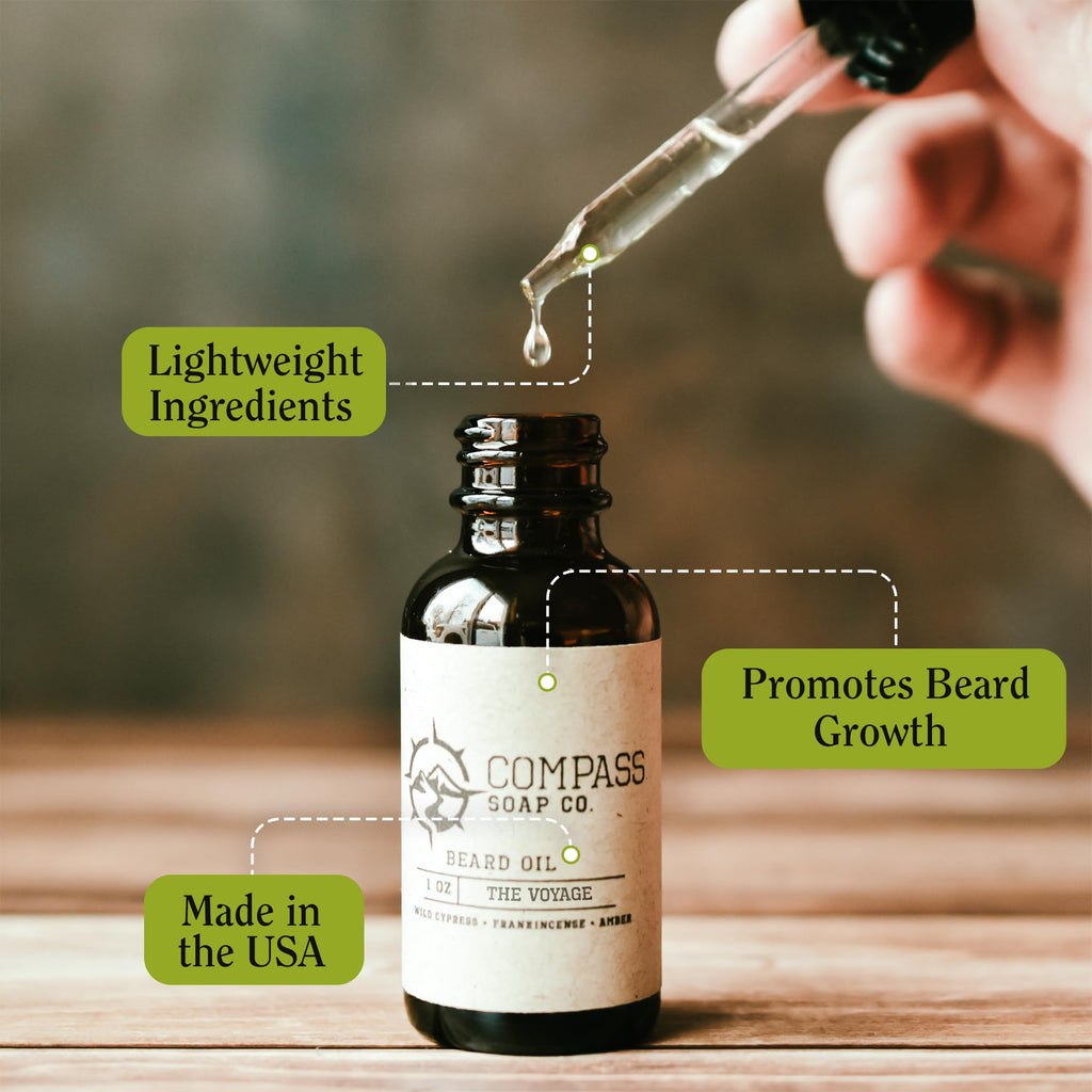 Compass Soap's The Voyage - Natural Beard Oil for Men | Beard Oil for Nourishment and Hydration | Infused with Bergamot, Sandalwood & Musk | Best Beard Growth Oil for Men | 1 fl. oz.