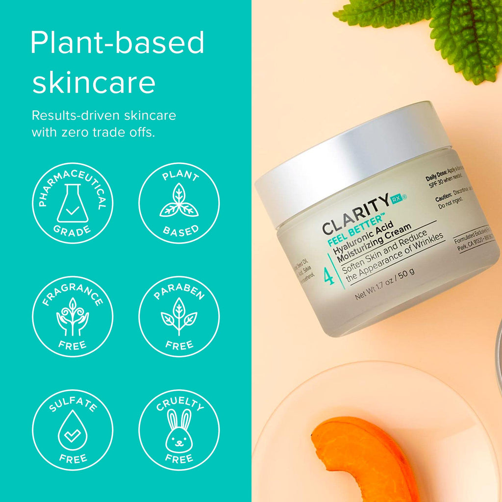 ClarityRx Feel Better Hyaluronic Acid Face Moisturizer, Natural, Plant-Based Moisturizing Cream with Jojoba Oil & Hyaluronic Acid for Hydration, Smooths Dry, Aging Skin, No Parabens, All Skin Types