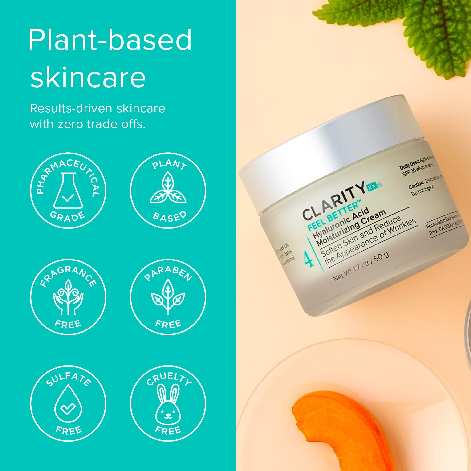 ClarityRx Feel Better Hyaluronic Acid Face Moisturizer, Natural, Plant-Based Moisturizing Cream with Jojoba Oil & Hyaluronic Acid for Hydration, Smooths Dry, Aging Skin, No Parabens, All Skin Types