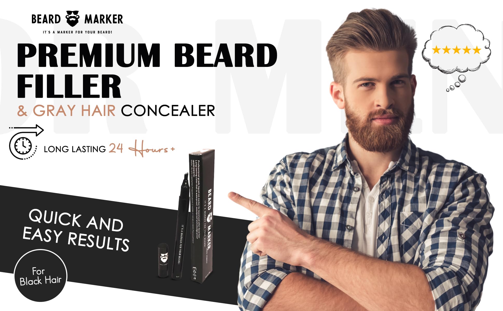 Beard Filler Pen by Beard Marker – ebony-elegance (Black) – Waterproof, Smudge-Proof Gray Beard Concealer, Quick-Dry, Professional Beard Touch-Up