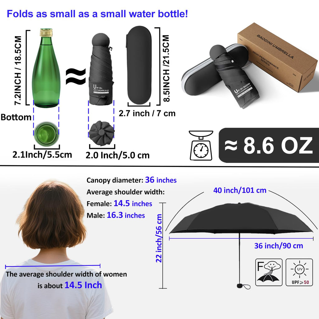 BAODINI Travel Essentials Mini Umbrella for Purse With Case Small Compact UV Sun Protection Lightweight Tiny Pocket Manual Open Close Umbrella for Women Kids and Men Fits Purse Backpack