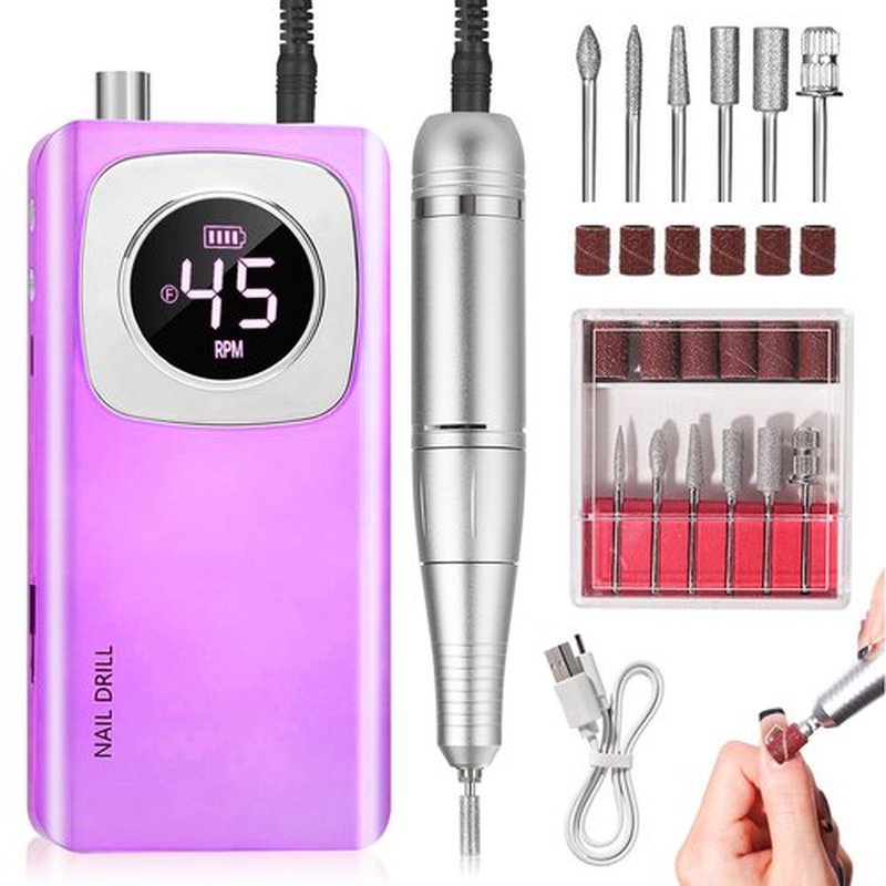RYUNVOVO Electric Nail Drill Professional, 45000 RPM Rechargeable Nail Drill Kit, Electric Nail File for Acrylic, Manicure & Pedicure & Polishing Tools for Home Salon, Pink