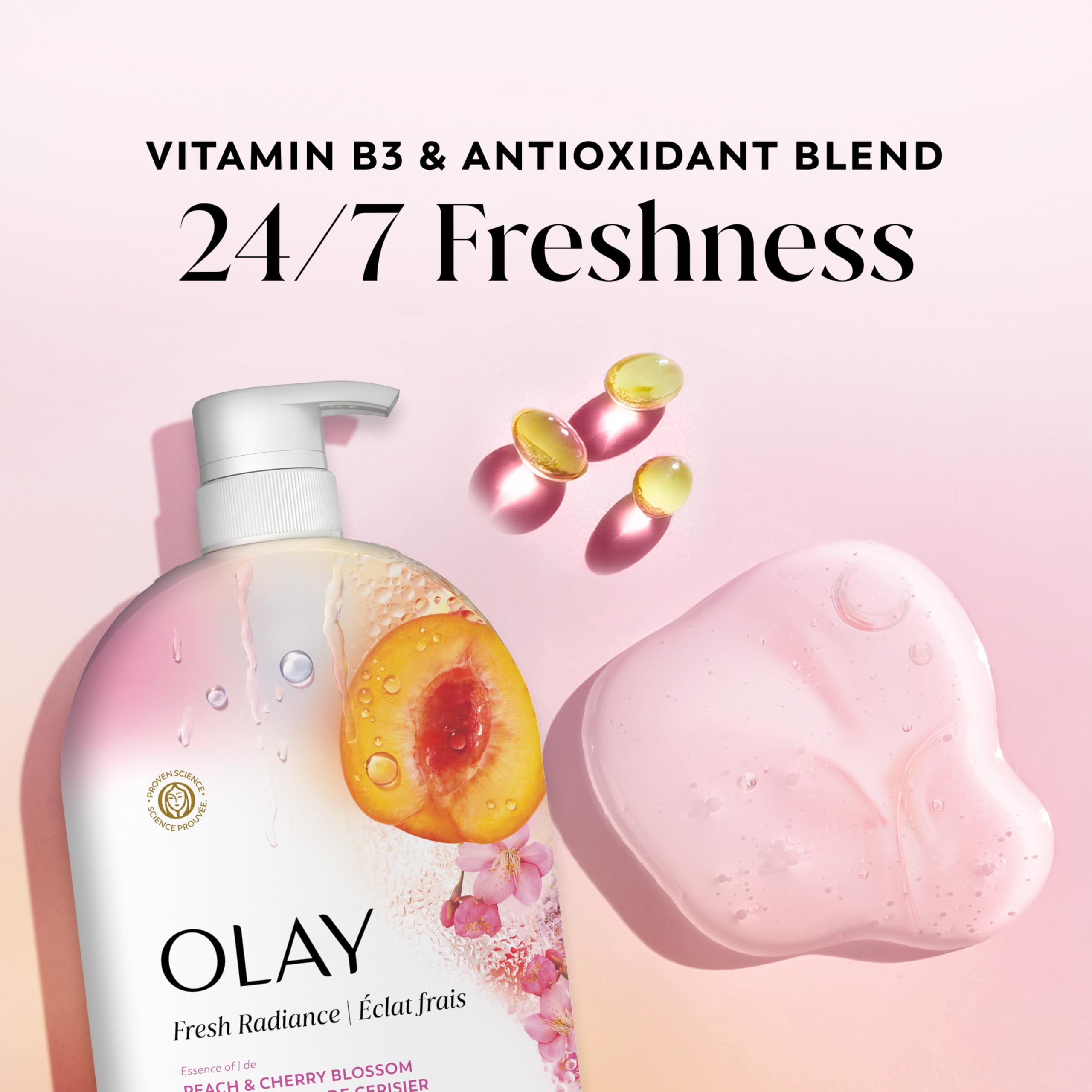 Olay Body Wash for Women, Fresh Radiance, 24/7 Skin-Loving Freshness, Visibly Radiant, Plant Based Cleansers, Vitamin B3 & Antioxidant Blend, For All Skin Types, Peach & Cherry Blossom Scent, 35 fl oz