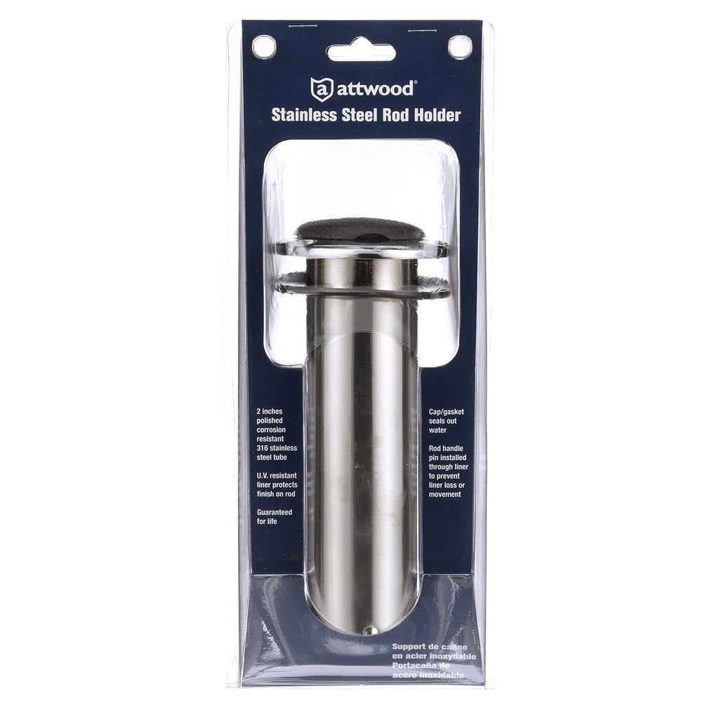 Attwood 66364-7 Stainless Steel Flush Mount Rod Holder, 2-Inch Diameter, 7 ½ Inches Long, 0-Degree Top Flange, Open Base End