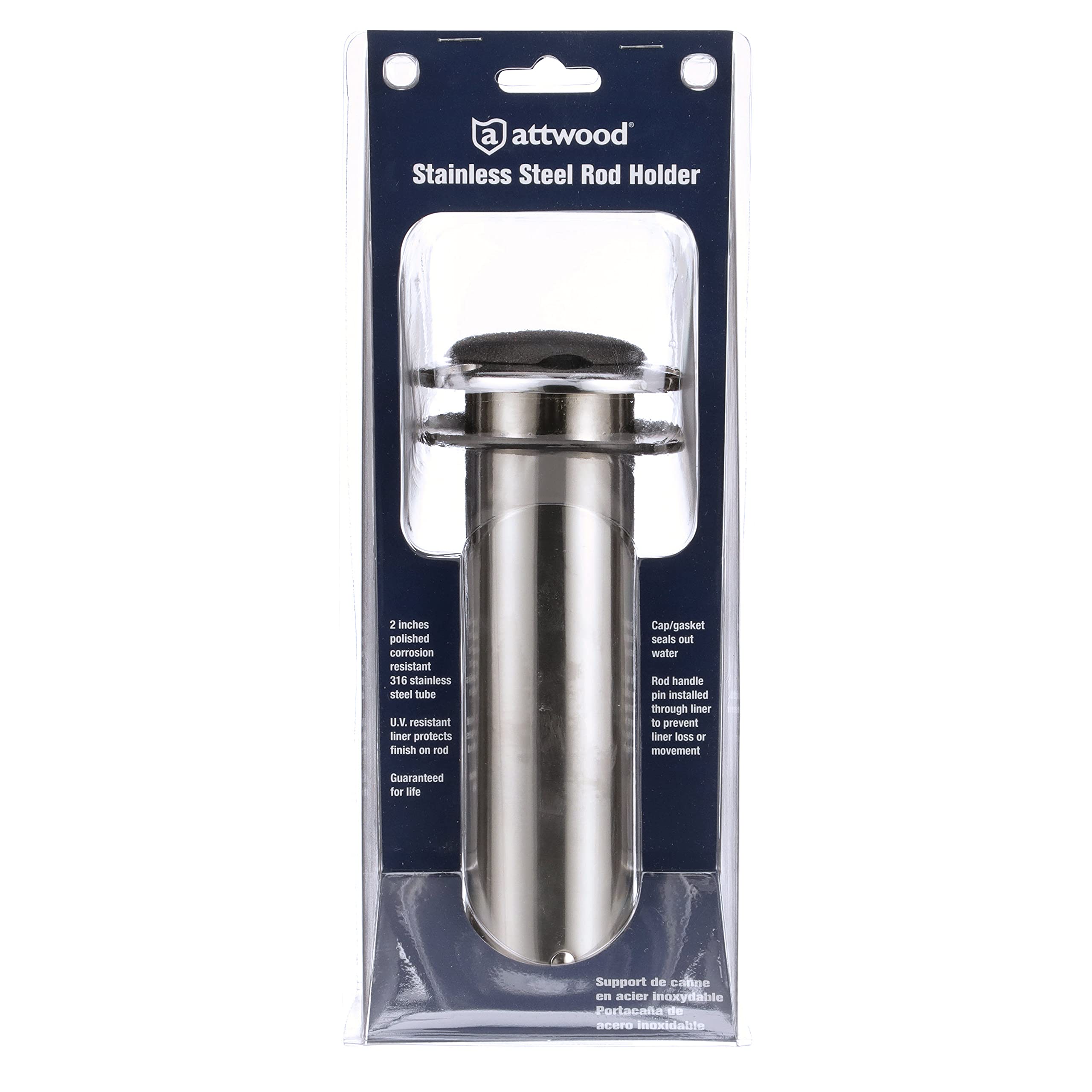 Attwood 66364-7 Stainless Steel Flush Mount Rod Holder, 2-Inch Diameter, 7 ½ Inches Long, 0-Degree Top Flange, Open Base End
