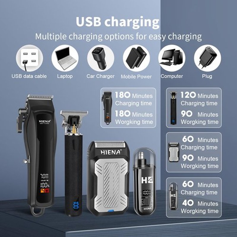 HIENA PRO Cordless Hair Clippers for Men, Professional Barber Kit - Beard Trimmer, Aluminum Foil Shaver, Nose Trimmer, 10 Limit Combs - Fast Charge, Smart LED Display (Clippers/Trimmer)