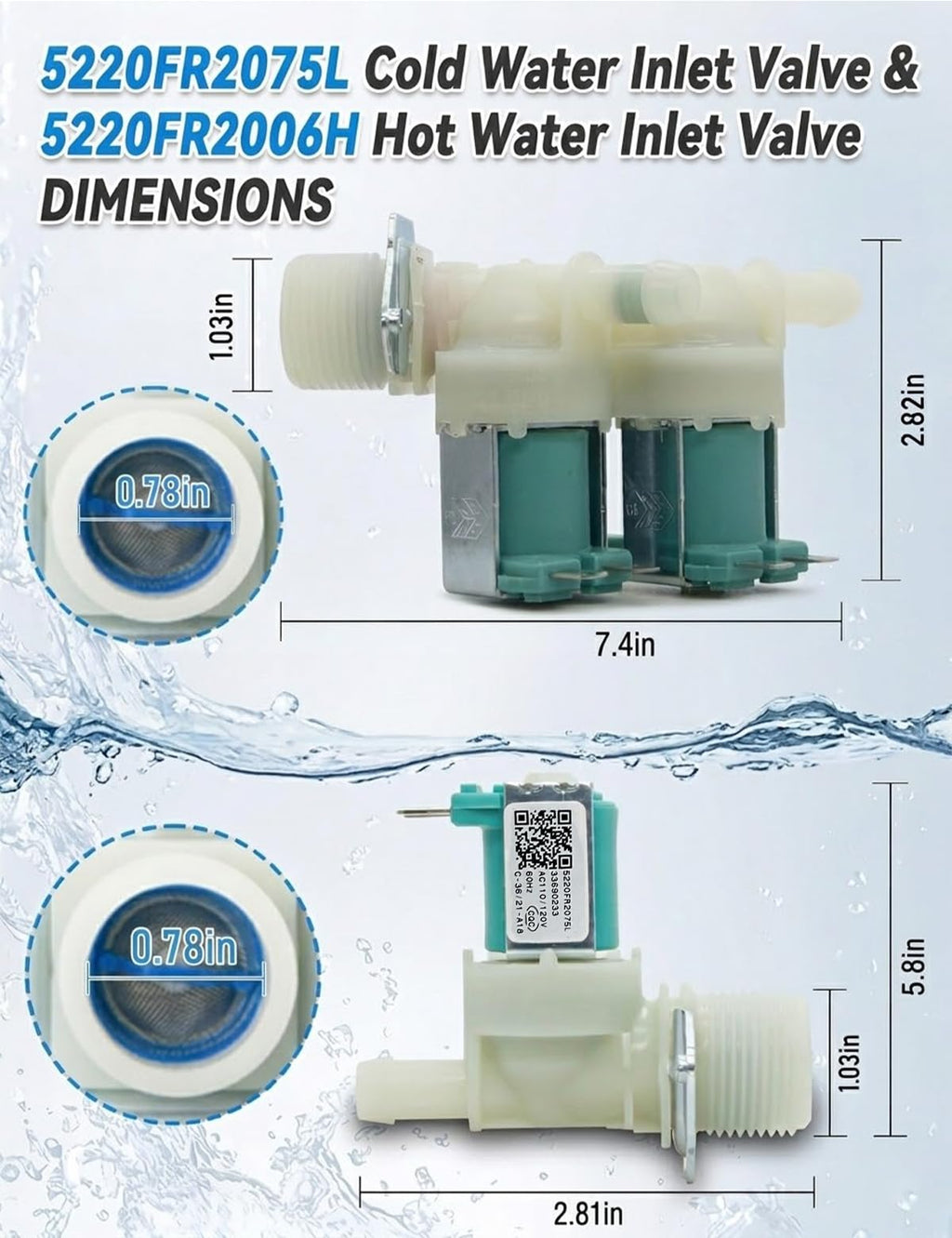 5220FR2075L (Cold) & 5220FR2006H (Hot) Washer Water Inlet Valve Replacement for L-G & Kenm-ore, Replaces 5221ER1003A 5221ER1003C 5220FR2006L Etc.