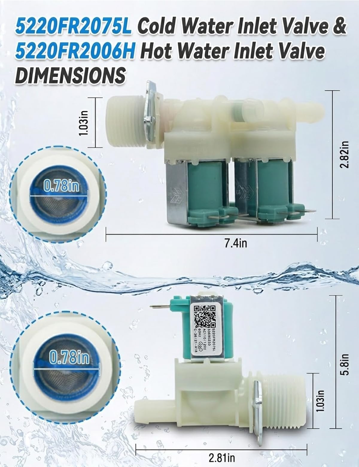 5220FR2075L (Cold) & 5220FR2006H (Hot) Washer Water Inlet Valve Replacement for L-G & Kenm-ore, Replaces 5221ER1003A 5221ER1003C 5220FR2006L Etc.