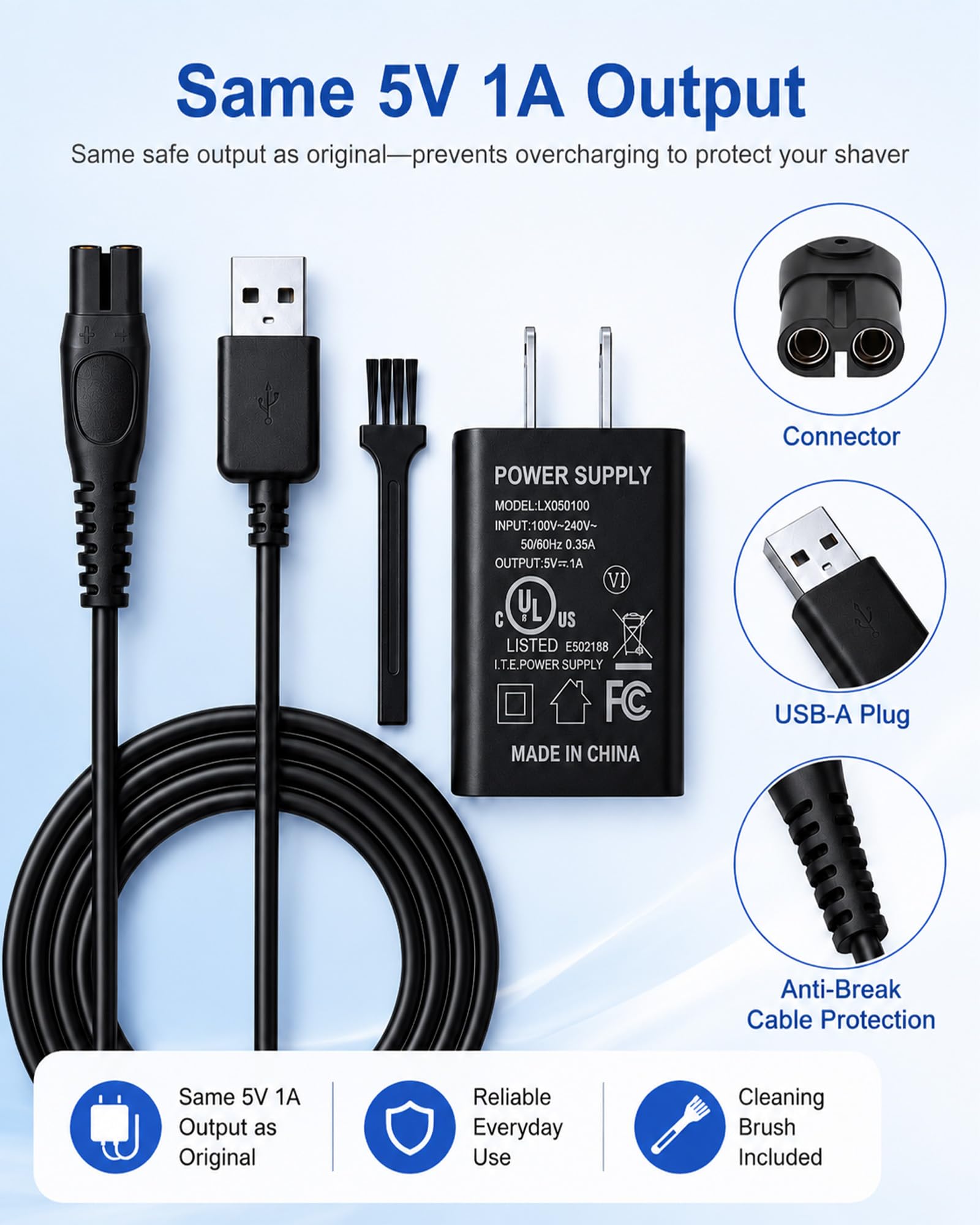 5V UL Charger for Philips Norelco OneBlade MG9525 MG9520 MG5910 QP1424 QP1624 MG5950 MG5940 MG5930 MG5920 BT3238 BT3234 PQ888 PQ889 QP1324 QP2724 X3001 QP2834, 360 Hybrid Face Shaver Cord