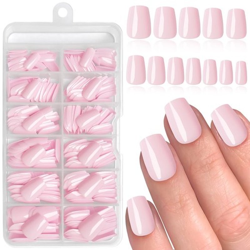 LoveOurHome 288pc Coffin Press on Nails Short Fake Nails with Glue Tabs, Light Pink Glue on Nails Press on Nails Women Acrylic Nails XS Coffin Fake Nails Short False Nails Kids Artificial Fingernail