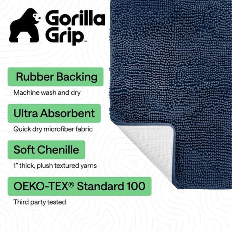 GORILLA GRIP Bath Rug Mat - Soft Absorbent Chenille | Quick-Dry Microfiber, 42x24, Navy Blue