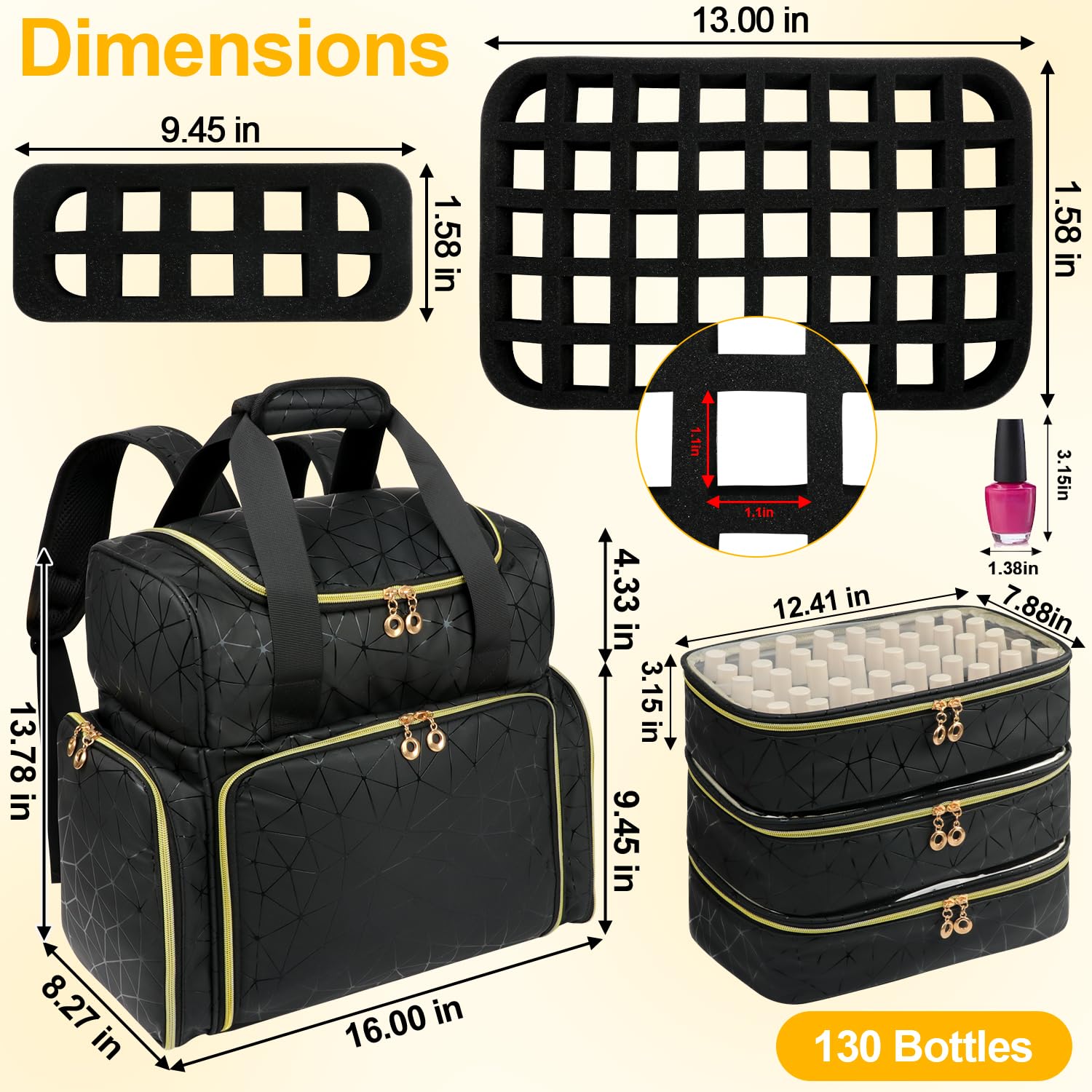 Veirdro Nail Polish Organizer Backpack Holds 130 Bottles (15ml/0.5fl.oz)& Nail Lamp, Extra Large Nail Kit Storage Bag with 3 Removable Carrying Cases, Nail Tech Supplies Organizer Case for Women Black