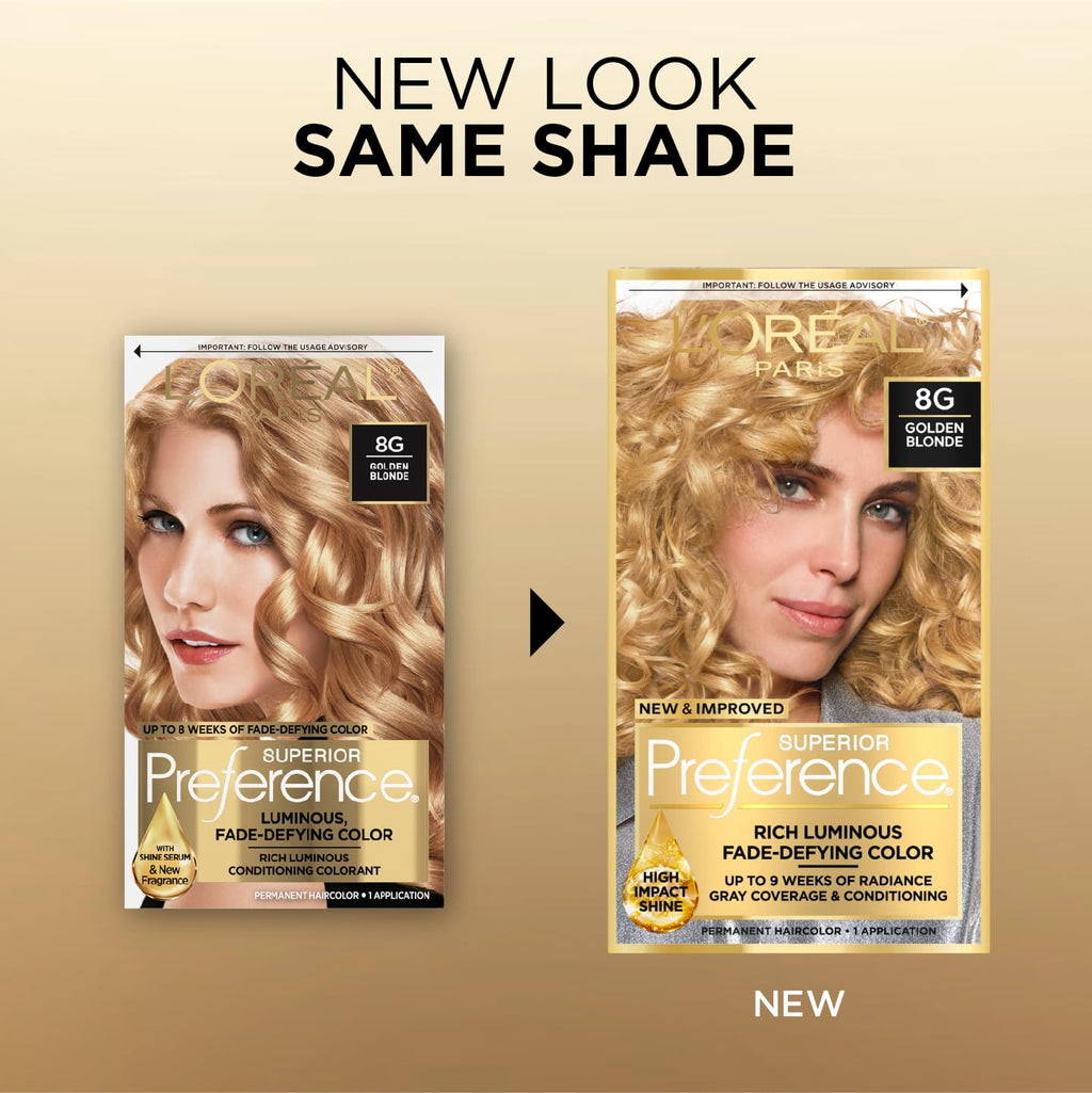 L'Oreal Paris Superior Preference Luminous Fade-Defying Permanent Hair Color, Hair Dye For Up to 9 Weeks of Radiance, Golden Blonde 8G, 1 Hair Dye Kit