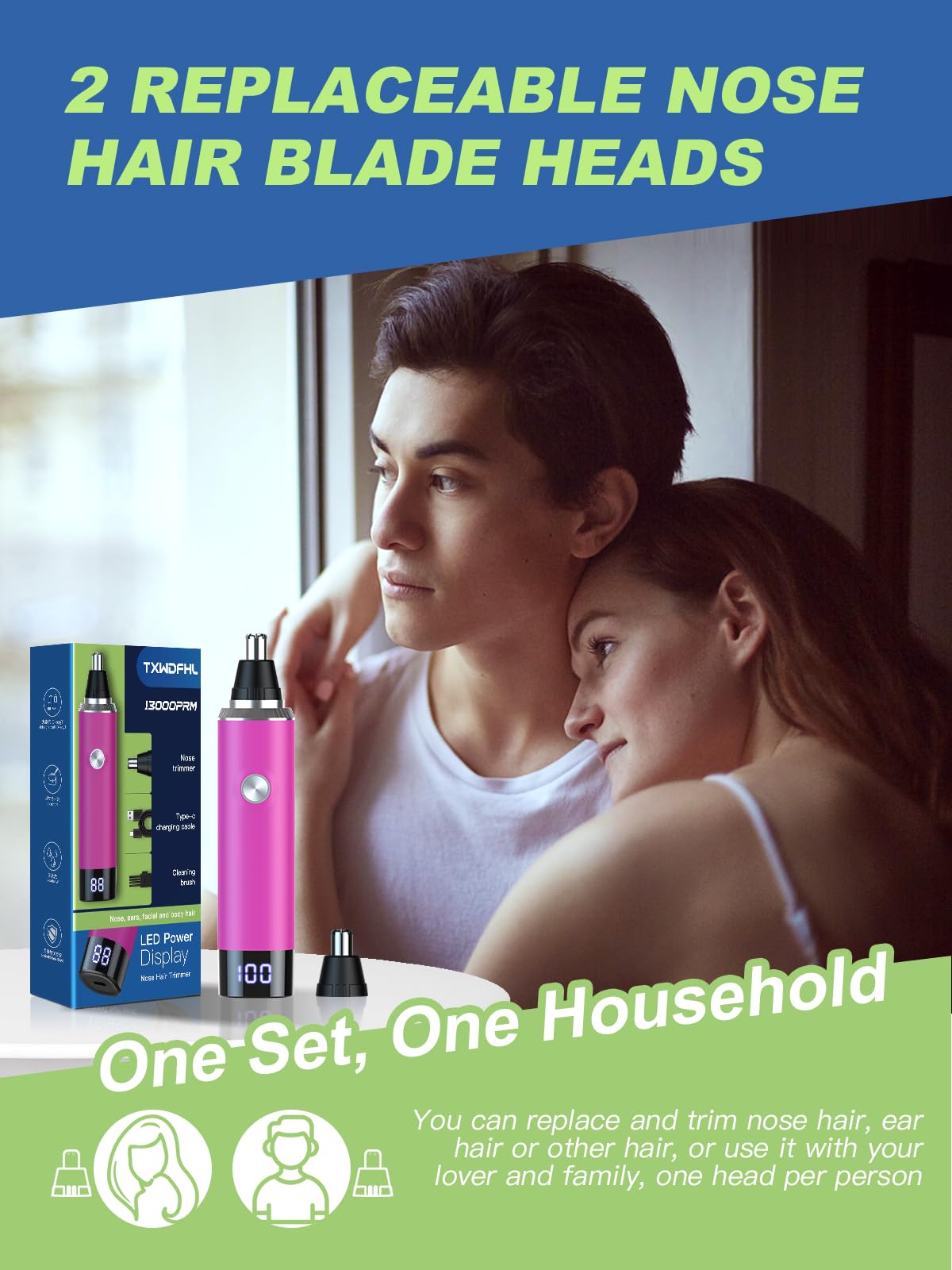 LONFANTAR Nose Hair Trimmer for Women and Men，Rechargeable with LED Display,2 in 1 Painless Multifunctional Ear and Nose Trimmer with IPX7 Waterproof Dual Edge Blades-Magenta