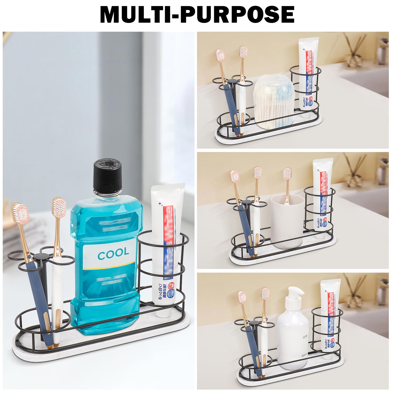 HarJue Toothbrush Holder Stand for Bathroom, Metal Toothbrush Organizer with Marble Base, Toothbrush Storage Collection for Family, Suitable for Home Hotel Countertop Vanity (Large, Matte Black)