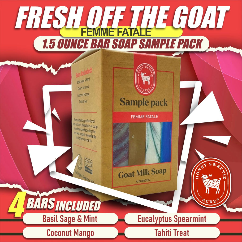 Honey Sweetie Acres Goat Milk Soap Travel Set – 4 Handmade Bars (1.5 oz Each) – Tahiti Treat, Coconut Mango, Cherry Almond, Basil Sage & Mint – All Natural Femme Scent Collection