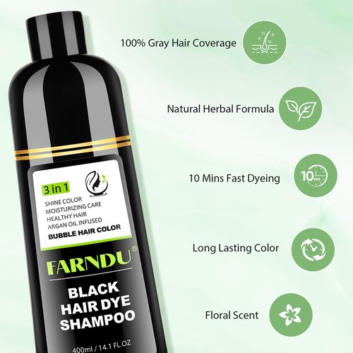 Farndu Black Hair Dye Shampoo for Women & Men, Gray Hair Coverage Herbal Natural 3 in 1 Hair Color Shampoo, Champu para canas