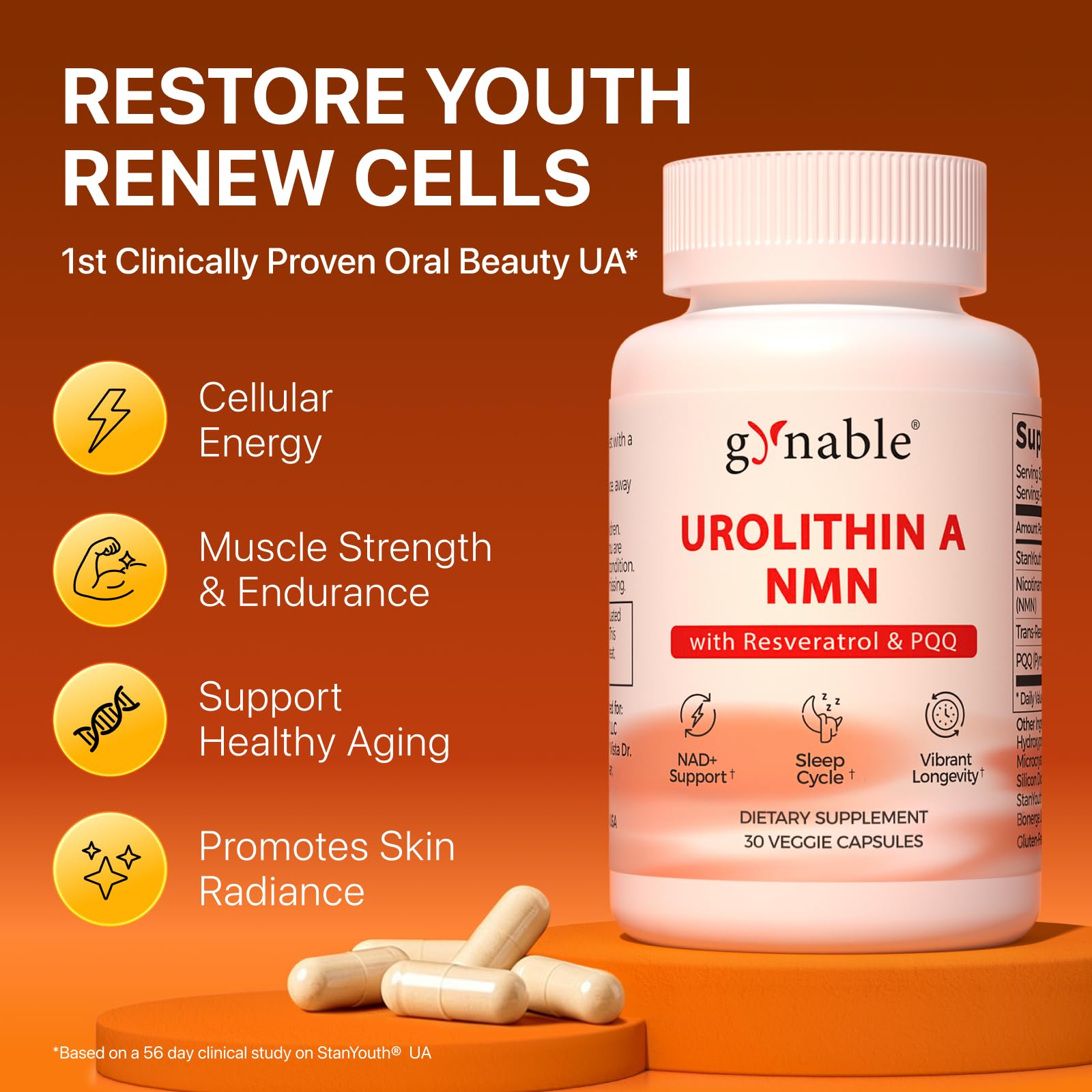 Gynable Patented Urolithin A Supplement with NMN | Trans-Resveratrol & PQQ| 4-IN-1 Complex Cellular Energy & Muscle Strength,Longevity Supplement for Sleep and Healthy Aging - Made & Tested in USA
