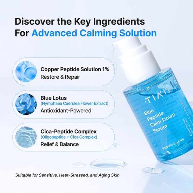 TIAM Blue Peptide Calm Down Serum, Cooling & Soothing Face Serum with Copper Peptides and Centella Asiatica, Lightweight Korean Skincare for Sensitive Skin, 1.01 fl oz