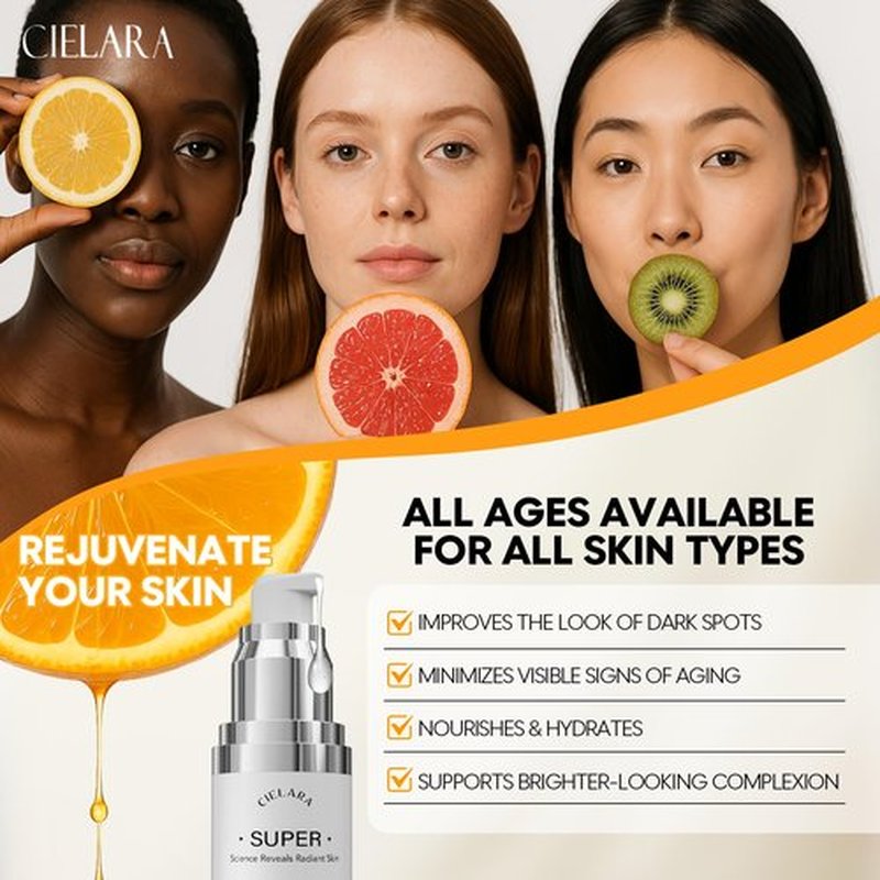 CIELARA Super Vitamin C Serum, 20% Vit C Anti Aging & Wrinkle Retinol Face Serum With Hyaluronic Acid, Vitamin E, Caffeine, Peptides For Women Face Fine Lines Wrinkle Brightening - 1 Fl Oz