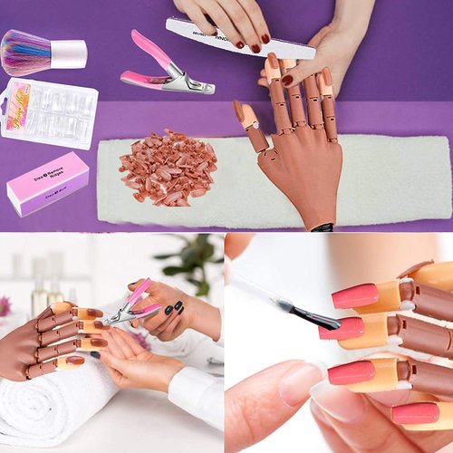 Nail Training Hands for Acrylic Nails, Flexible Nail Practice Hand Training Kits, Fake Manican Hands for Nails Practice with 300 PCS Nail Tips, Nail Files and Clipper for Nail Technician and Beginner
