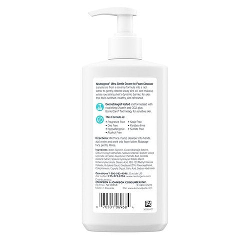 Neutrogena Ultra Gentle Cream to Foaming Face Wash for Sensitive Skin, Fragrance-Free Gentle Facial Cleanser, Hypoallergenic Skin Care, Non-Comedogenic Makeup Remover, 8.5 oz