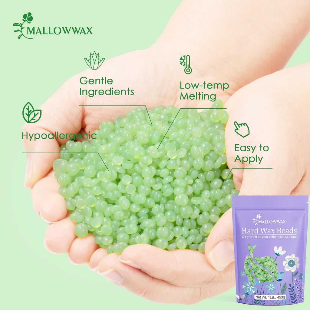 Mallowwax 1LB Aloe Hard Wax Beads, Hair Removal Wax for Full Body, Eyebrow, Legs, Bikini Brazilian Waxing - Perfect for Coarse and Fine Hair