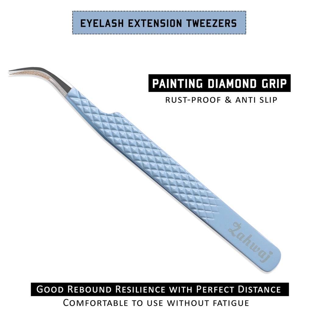 ZAHWAJ Fiber Tip Lash Tweezers - Set of 5 Diamond Grip Eyelash Extension Tweezers, Japanese Stainless Steel Tweezers Set for Volume, Isolation & Classic Lashes (Blue)