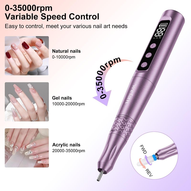 Welan Electric Nail Drill Professional, Cordless NailDrill, 35000RPM Professional NailDrill, Portable Efile Nail Drill Machine for Acrylic and Gel Nail with Manicure and Polishing Tool Set (Pink)
