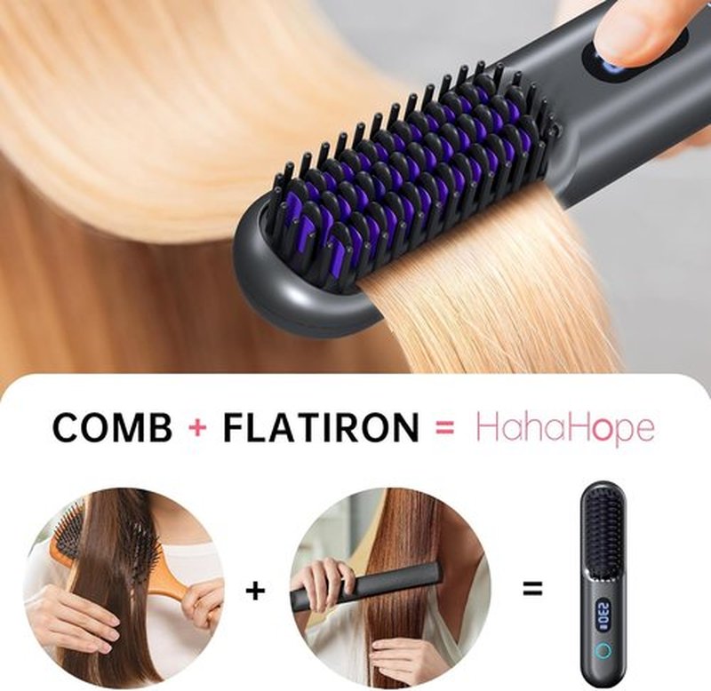 Skiennix Cordless Hair Straightener Brush - Portable Comb with 9600mAh Battery, Plasma Technology, 9 Temp Settings & LED Display - Ideal for Travel & Home (Grey)