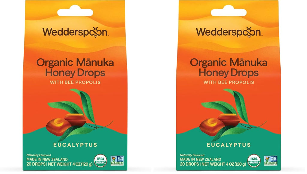 Wedderspoon Organic Manuka Honey Drops - Eucalyptus & Bee Propolis, 20 Count (4oz) | Soothing Dry Throats - Pack of 2