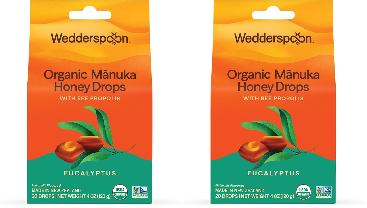 Wedderspoon Organic Manuka Honey Drops - Eucalyptus & Bee Propolis, 20 Count (4oz) | Soothing Dry Throats - Pack of 2