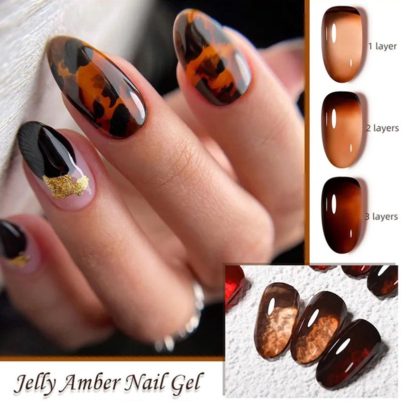 YJLYQF Jelly Amber Gel Polish Set - 6 Translucent Nude Gel Nail Polish, Sheer Tortoise, Red Coral, Burnt Orange, Grey, Amber, Brown - Soak Off UV LED Manicure Art Kit For DIY Home