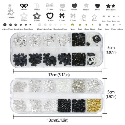 SEMATA 2Boxes 3D Nail Charms and Gems Black White Nail Pearls Rhinestones Flower Nails Charms Decoration for Nails Art Desgin Multi Sizes Sliver Flatback Pearls Bow Star Charm Set for Women