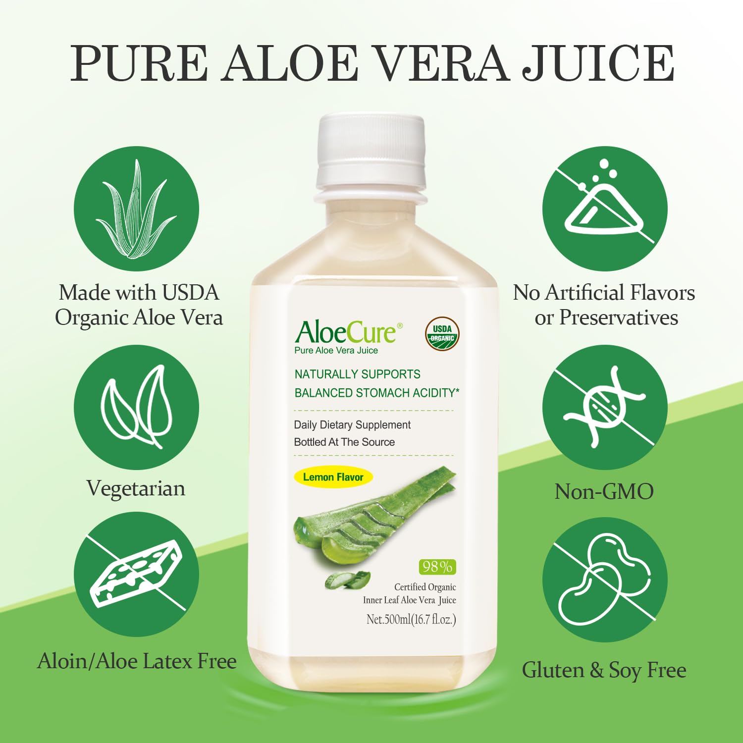 AloeCure USDA Organic Aloe Vera Juice Lemon Flavor - Made Within 12 Hours of Harvest - Natural Digestive Supplement for Balanced Stomach Acidity - Support Digestive and Immune Health, 2 Btls x 16.7oz